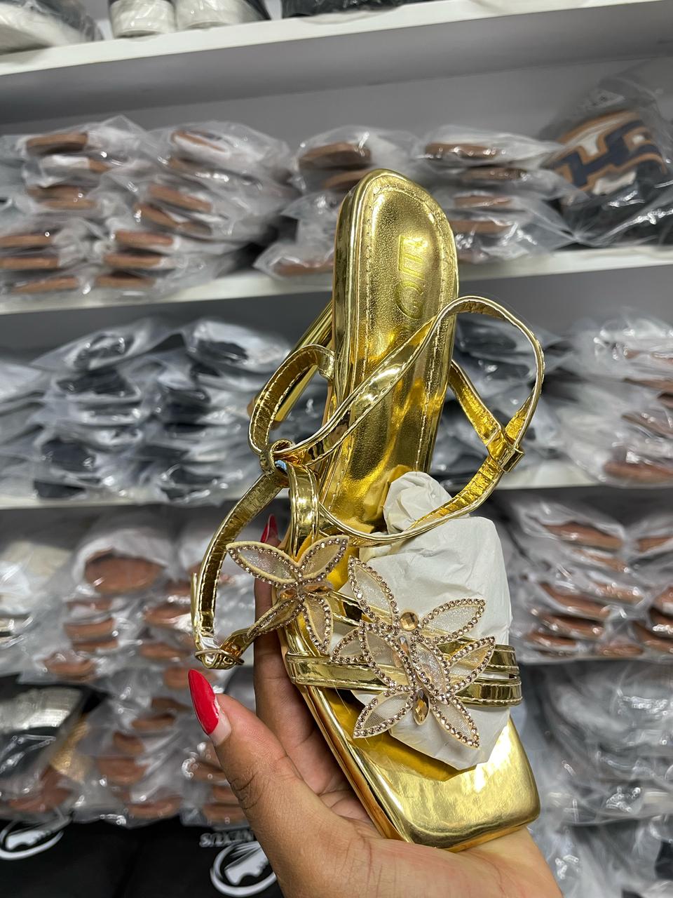 Women's Gold Strappy Heels with Butterfly Detail