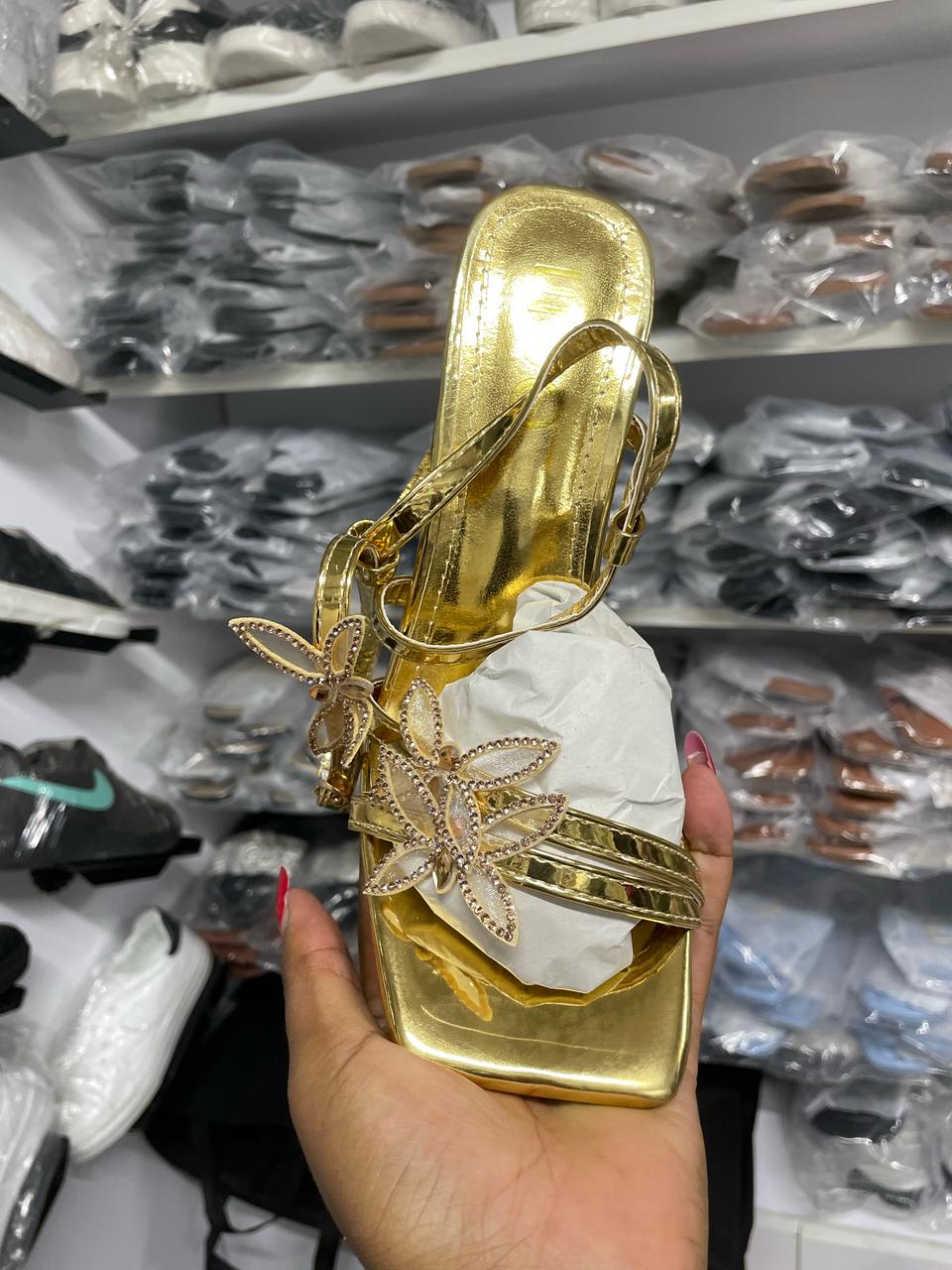 Women's Gold Strappy Heels with Butterfly Detail