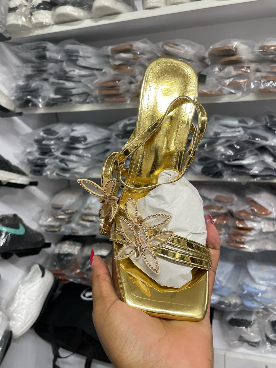 Women's Gold Strappy Heels with Butterfly Detail
