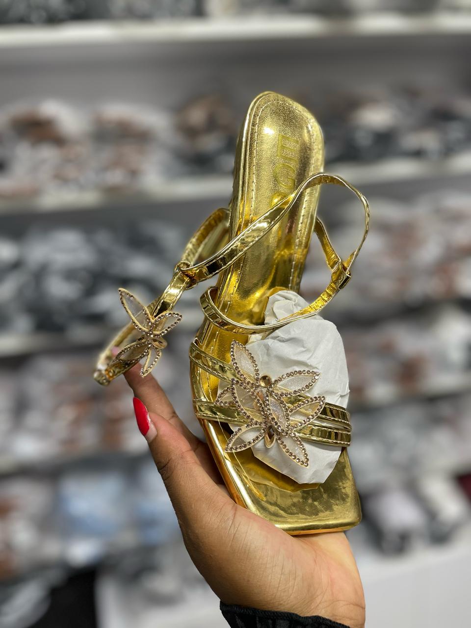 Women's Gold Strappy Heels with Butterfly Detail
